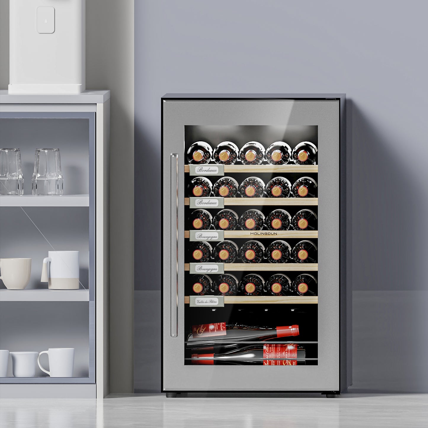 MOLINGDUN Wine Fridge, 33 Bottles Freestanding Wine Cooler, Intelligent Compressor, Frost Free, Stainless Steel Door, 41-64℉ Digital Temperature Control, for Red, White, Champagne or Sparkling Wine