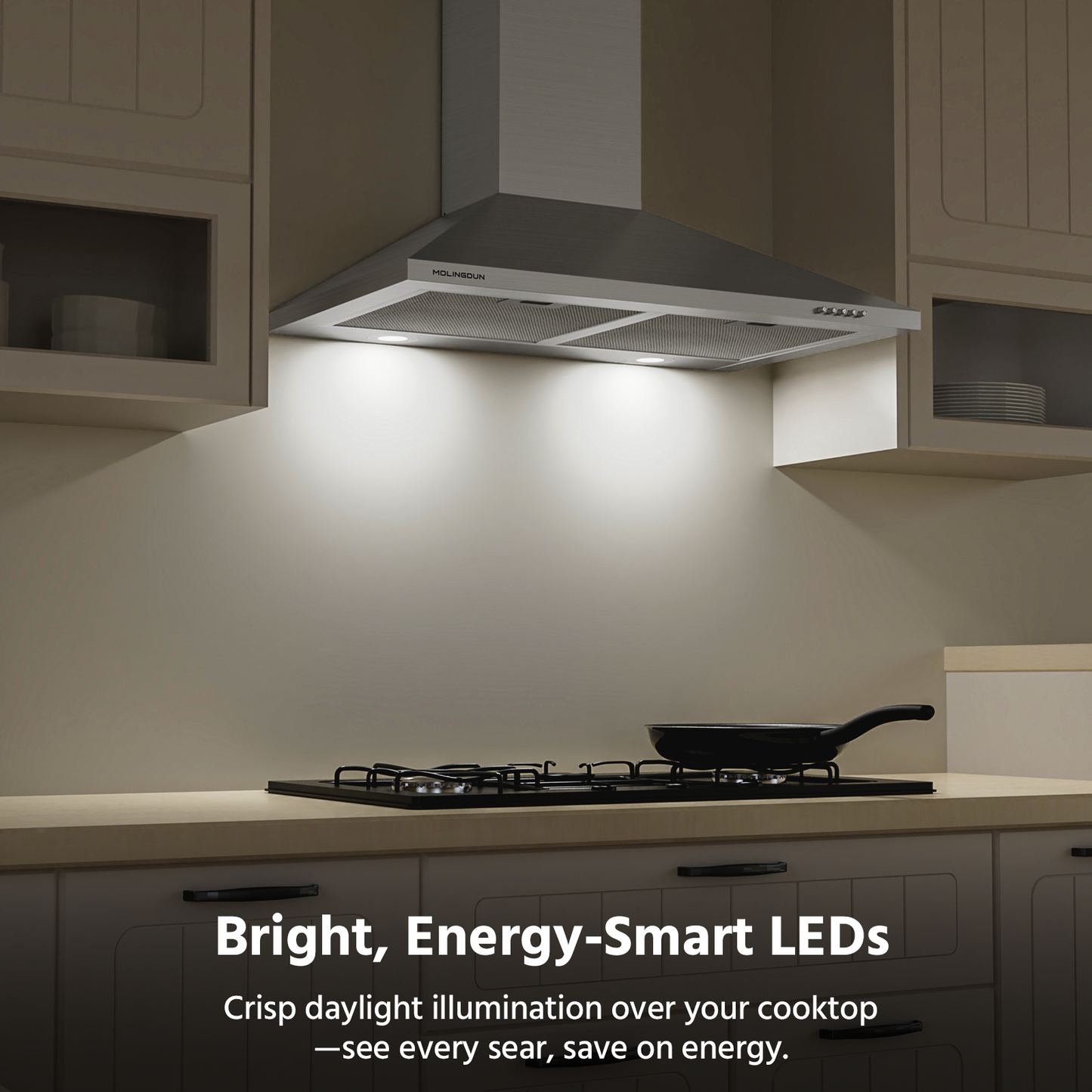 MOLINGDUN Range Hood 30 inch, 450 CFM Wall Mount Kitchen Hood in Stainless Steel with LED Lighting, 3 Speed Exhaust Fan, Ducted/Ductless Convertible (Charcoal Filters Included)