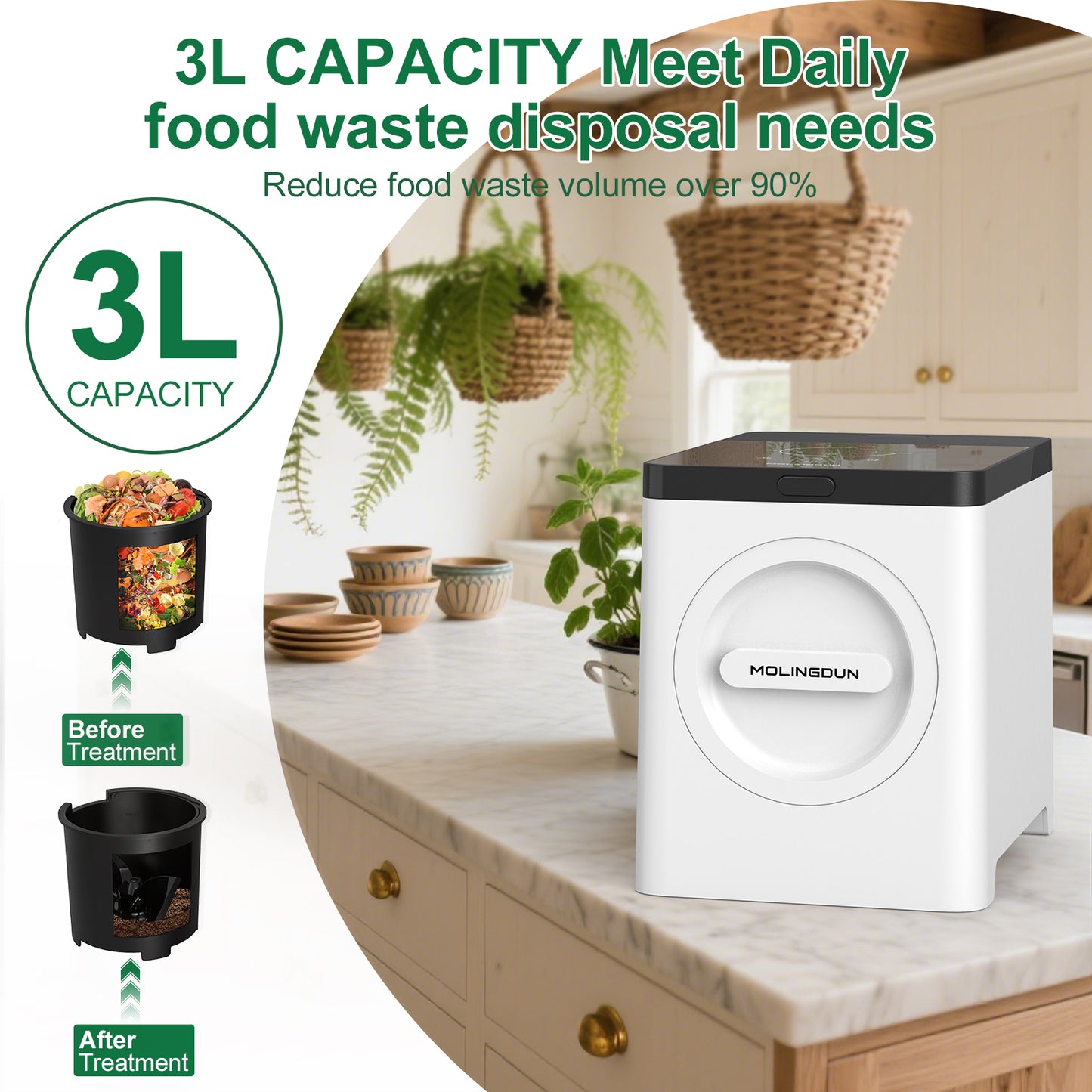 MOLINGDUN 3L Electric Composter for Kitchen, Countertop Compost bin, One Touch Smart Model Handle Kitchen Waste, with Triple Grinding Blade, Carbon Filter, Auto-Cleaning, LED Touch Screen