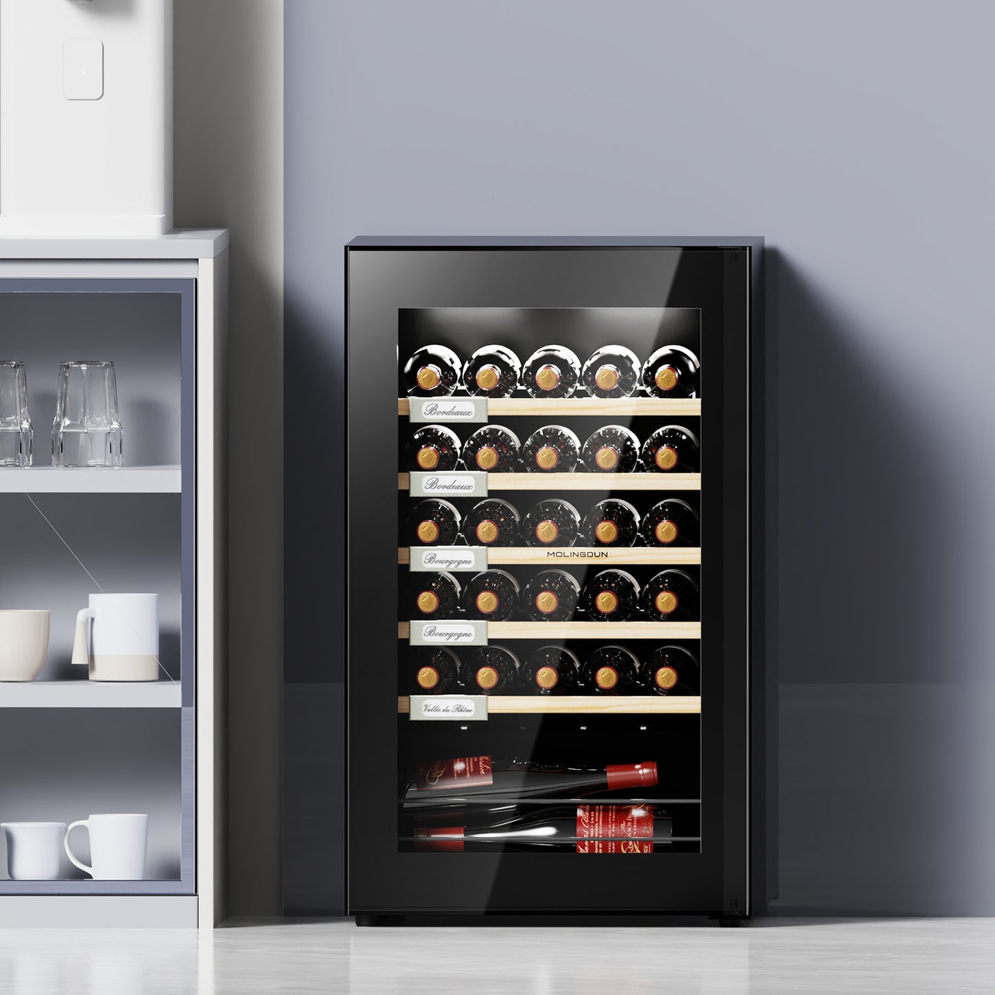 MOLINGDUN Wine Fridge, 33 Bottles Freestanding Wine Cooler, Intelligent Compressor, Frost Free, Glass Door, 41-64℉ Adjustable Digital Temperature Control, for Red, White, Champagne or Sparkling Wine