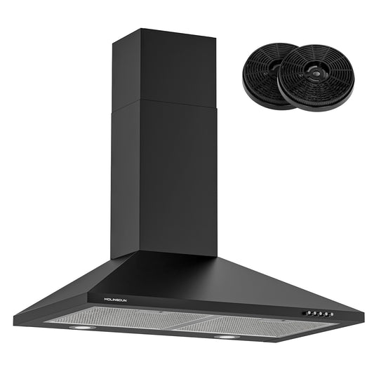 MOLINGDUN Range Hood 30 inch, 450 CFM Wall Mount Kitchen Hood in Cold Steel with Black Powder Coating Finish, LED Lighting, 3 Speed Exhaust Fan, Ducted/Ductless Convertible (Charcoal Filters Included)