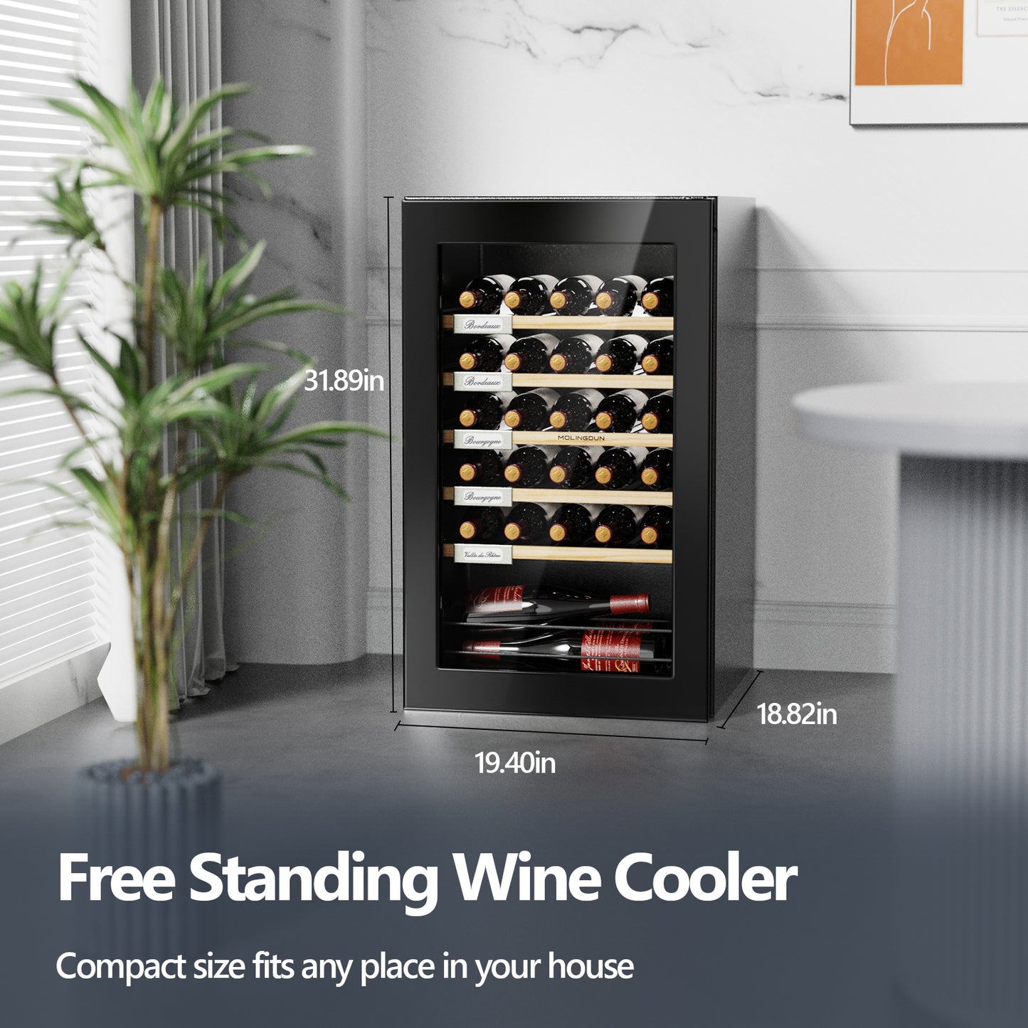 MOLINGDUN Wine Fridge, 33 Bottles Freestanding Wine Cooler, Intelligent Compressor, Frost Free, Glass Door, 41-64℉ Adjustable Digital Temperature Control, for Red, White, Champagne or Sparkling Wine