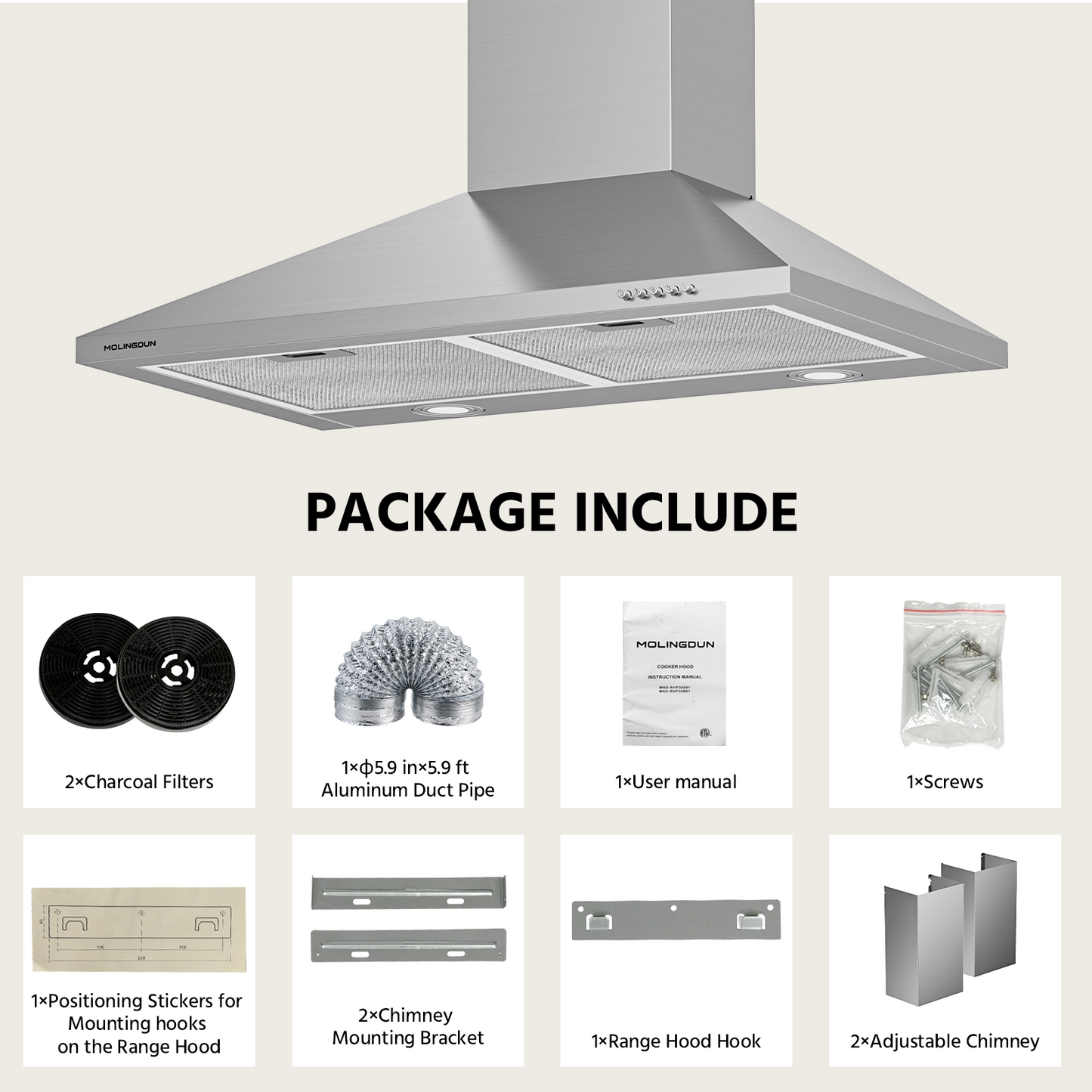 MOLINGDUN Range Hood 30 inch, 450 CFM Wall Mount Kitchen Hood in Stainless Steel with LED Lighting, 3 Speed Exhaust Fan, Ducted/Ductless Convertible (Charcoal Filters Included)