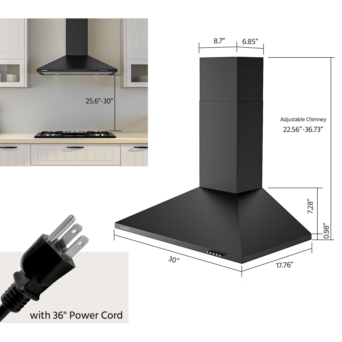 MOLINGDUN Range Hood 30 inch, 450 CFM Wall Mount Kitchen Hood in Cold Steel with Black Powder Coating Finish, LED Lighting, 3 Speed Exhaust Fan, Ducted/Ductless Convertible (Charcoal Filters Included)