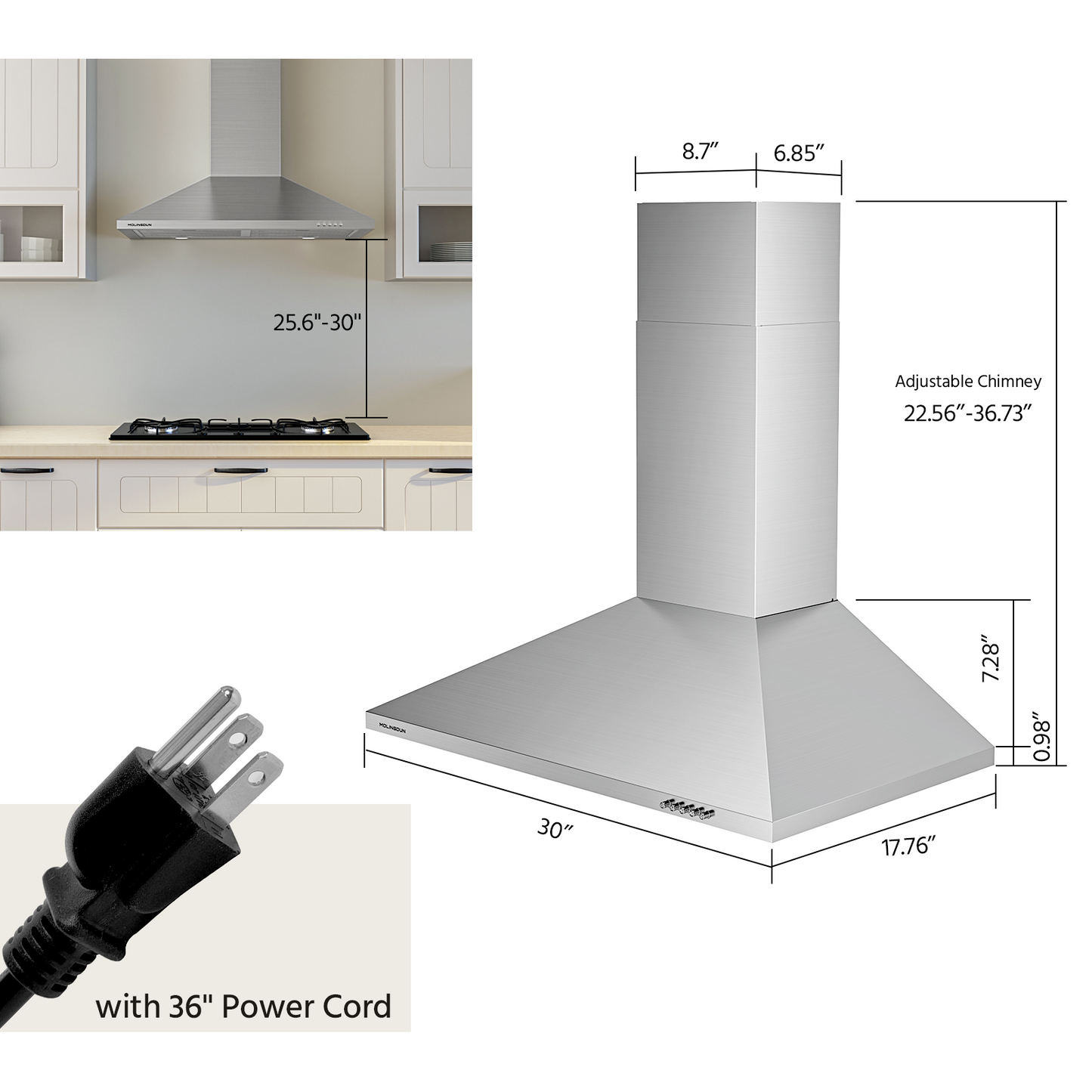 MOLINGDUN Range Hood 30 inch, 450 CFM Wall Mount Kitchen Hood in Stainless Steel with LED Lighting, 3 Speed Exhaust Fan, Ducted/Ductless Convertible (Charcoal Filters Included)