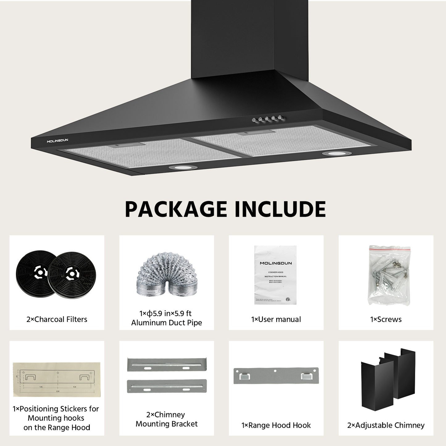 MOLINGDUN Range Hood 30 inch, 450 CFM Wall Mount Kitchen Hood in Cold Steel with Black Powder Coating Finish, LED Lighting, 3 Speed Exhaust Fan, Ducted/Ductless Convertible (Charcoal Filters Included)