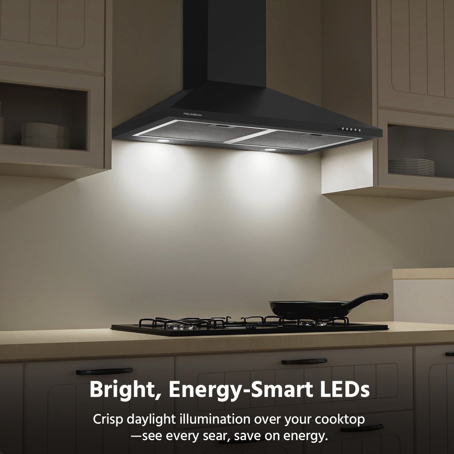 MOLINGDUN Range Hood 30 inch, 450 CFM Wall Mount Kitchen Hood in Cold Steel with Black Powder Coating Finish, LED Lighting, 3 Speed Exhaust Fan, Ducted/Ductless Convertible (Charcoal Filters Included)