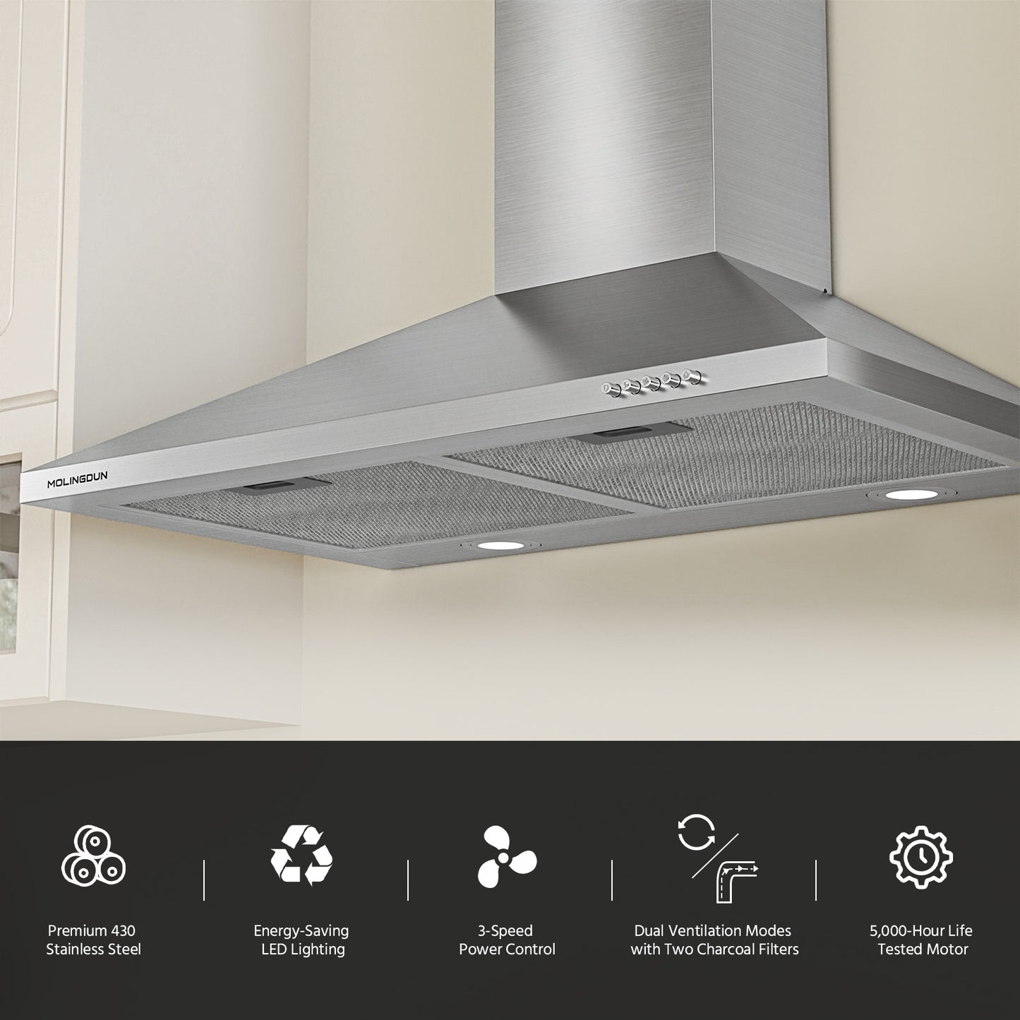 MOLINGDUN Range Hood 30 inch, 450 CFM Wall Mount Kitchen Hood in Stainless Steel with LED Lighting, 3 Speed Exhaust Fan, Ducted/Ductless Convertible (Charcoal Filters Included)