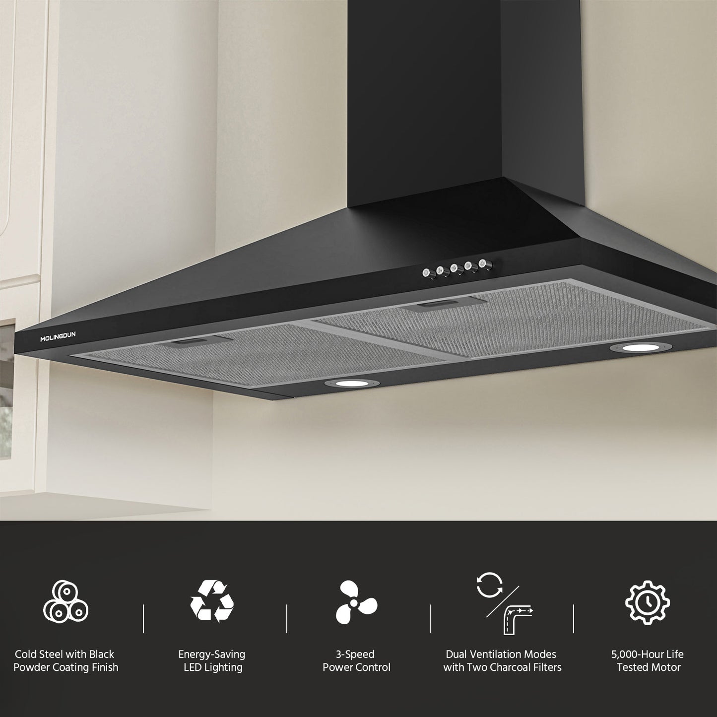 MOLINGDUN Range Hood 30 inch, 450 CFM Wall Mount Kitchen Hood in Cold Steel with Black Powder Coating Finish, LED Lighting, 3 Speed Exhaust Fan, Ducted/Ductless Convertible (Charcoal Filters Included)